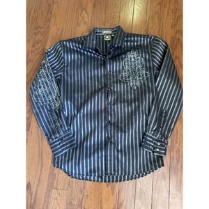 Lamasini Mens M Black Stripe Snap Shirt Embroidered Cross Rocker Gothic